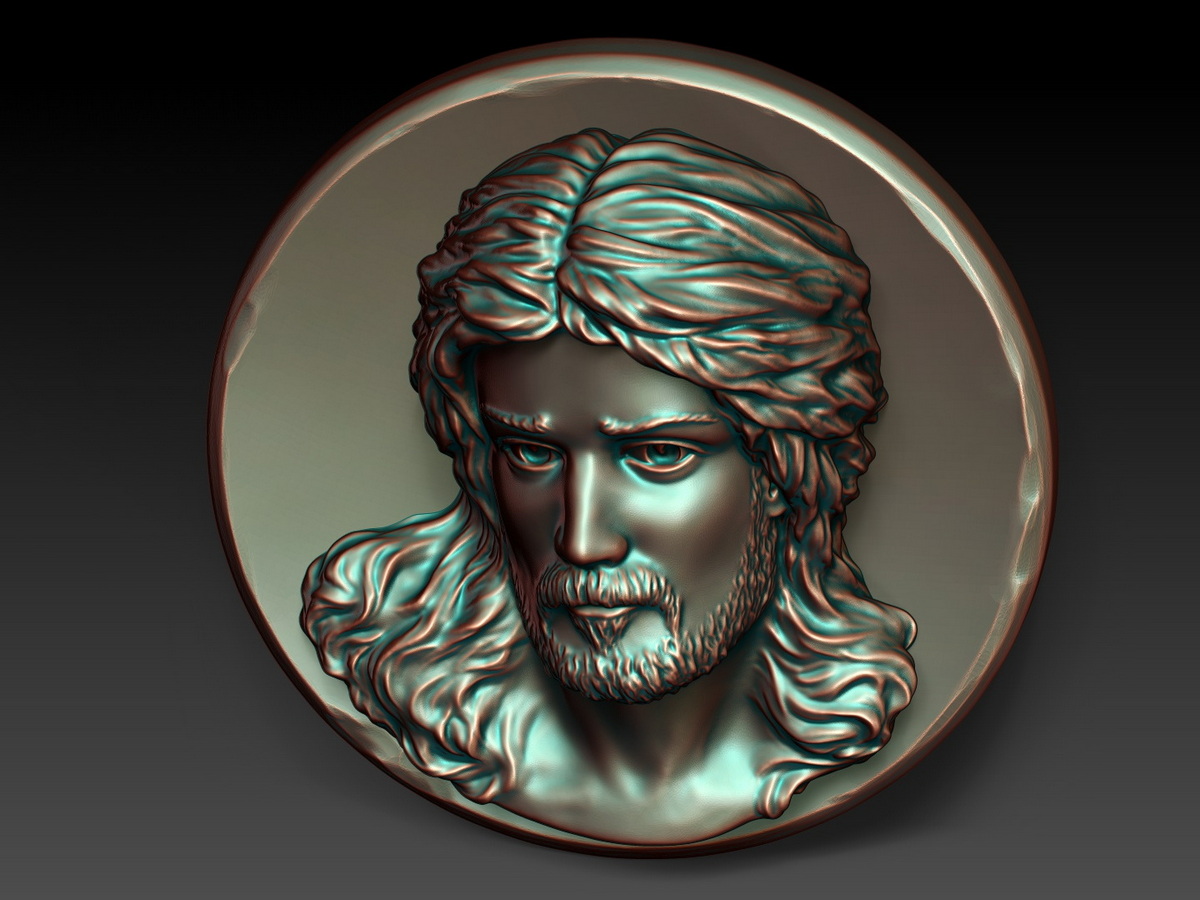 Frontal view of Jesus Christ bas relief sculpture showing detailed sculpted hair, beard and facial features.